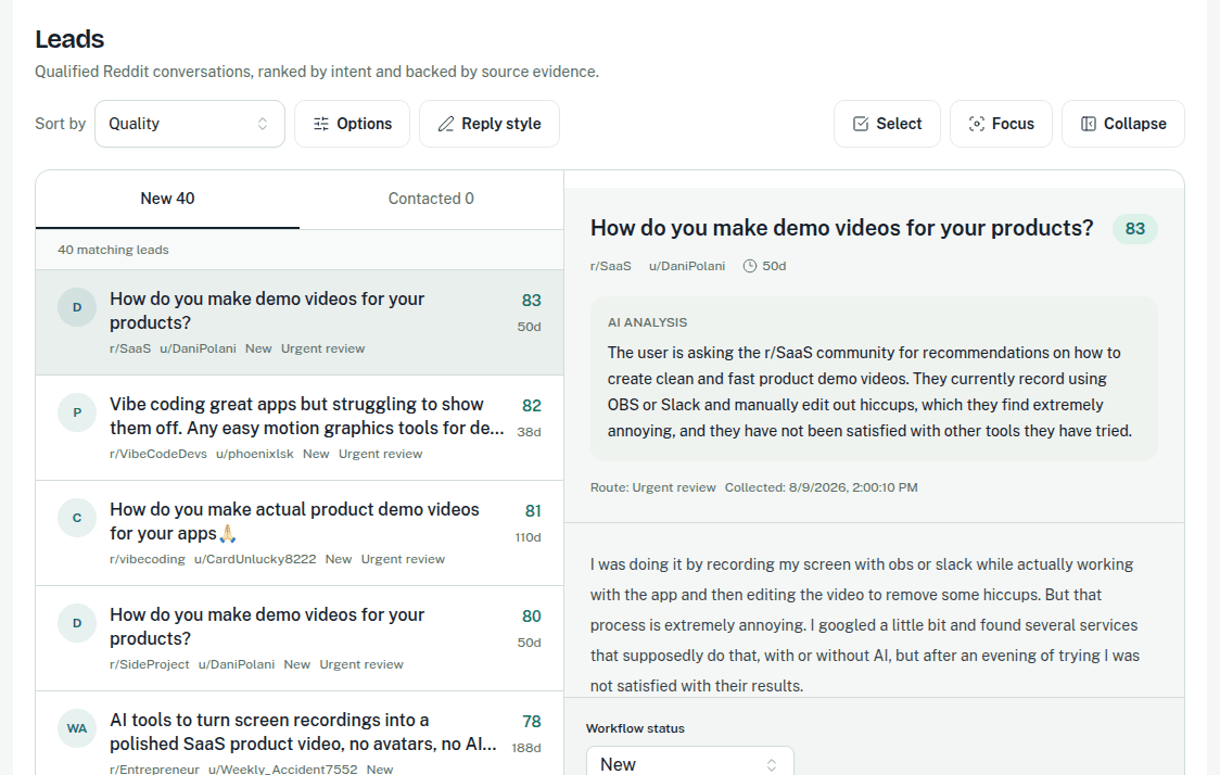 CrowScout Leads workspace with ranked Reddit conversations and a source-evidence panel