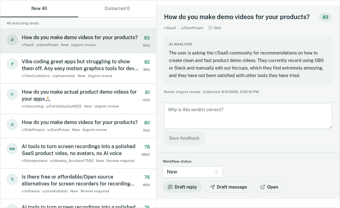 CrowScout Lead detail with source analysis and the Draft reply and Draft message controls.