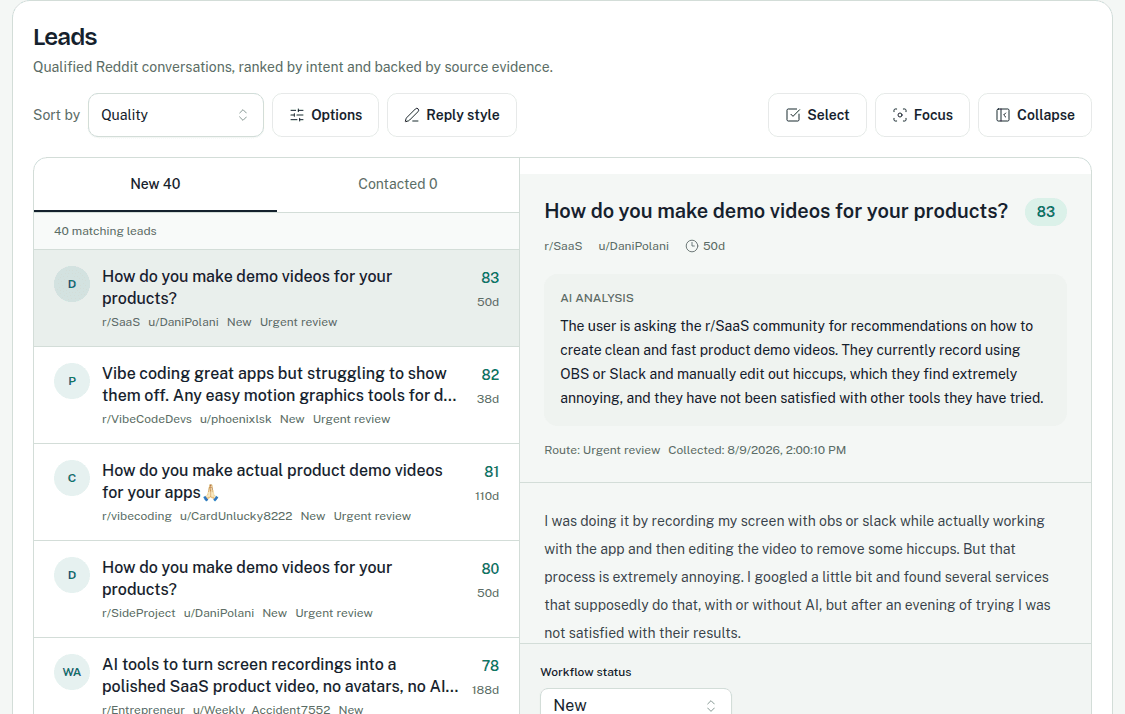 CrowScout Leads workspace showing a ranked queue and source-linked analysis.
