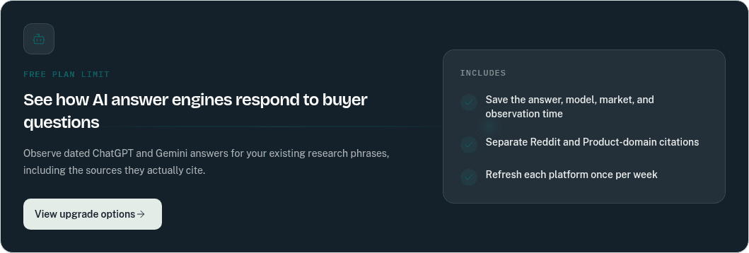 CrowScout AI Visibility Free preview explaining the answer and citation evidence preserved in a weekly Product report.