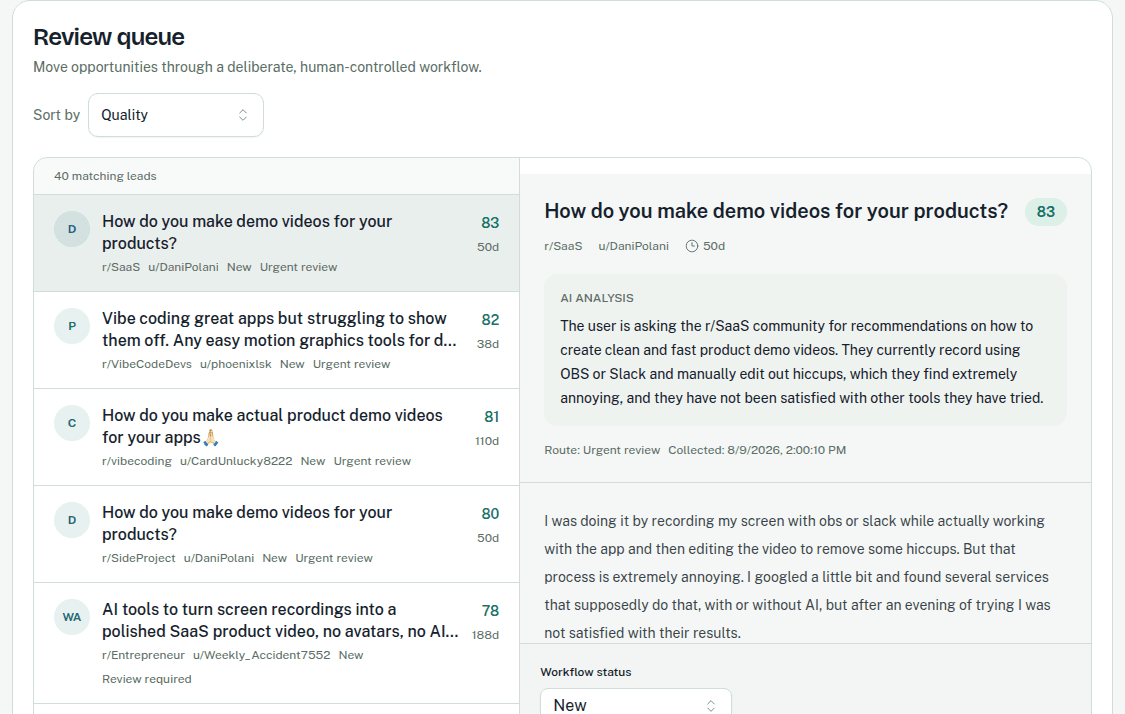 CrowScout Review queue with a selected Lead and its source-linked analysis.