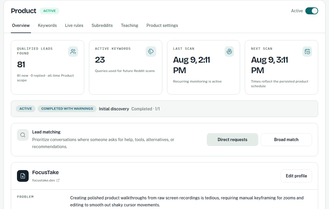 CrowScout Product overview showing active keywords, scan status, and the reviewed product profile.