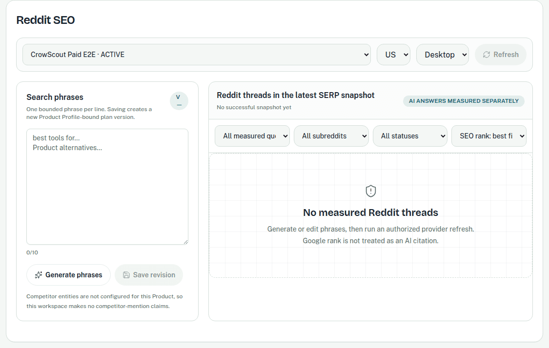 CrowScout Reddit SEO workspace with a bounded phrase editor and an empty measured-results view.